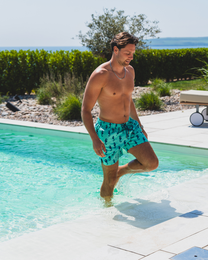 Dark Azure Seahorse Mid-Length Swim Shorts