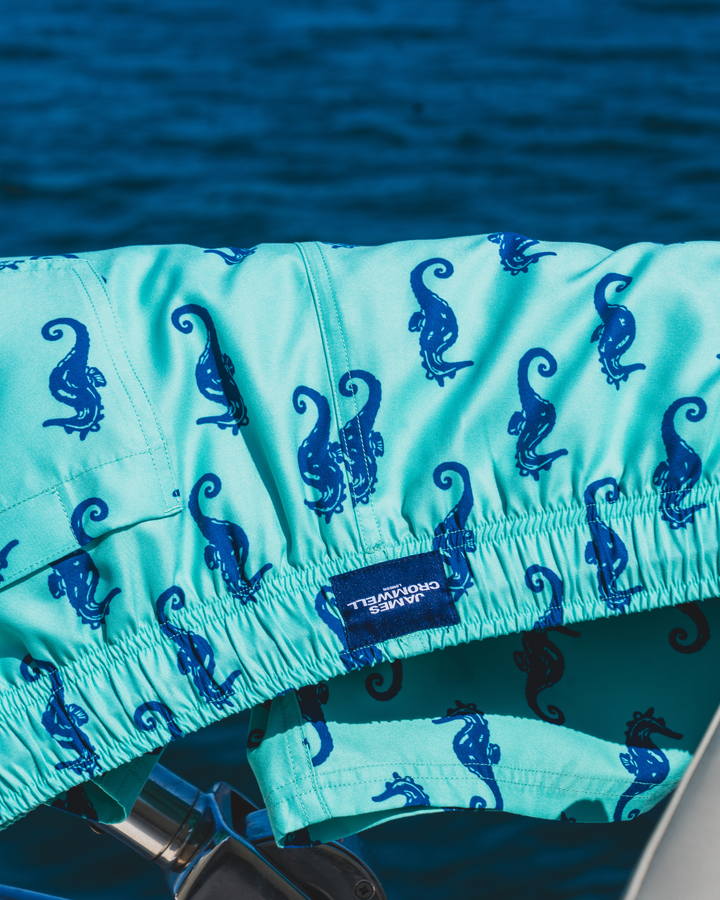 Dark Azure Seahorse Mid-Length Swim Shorts
