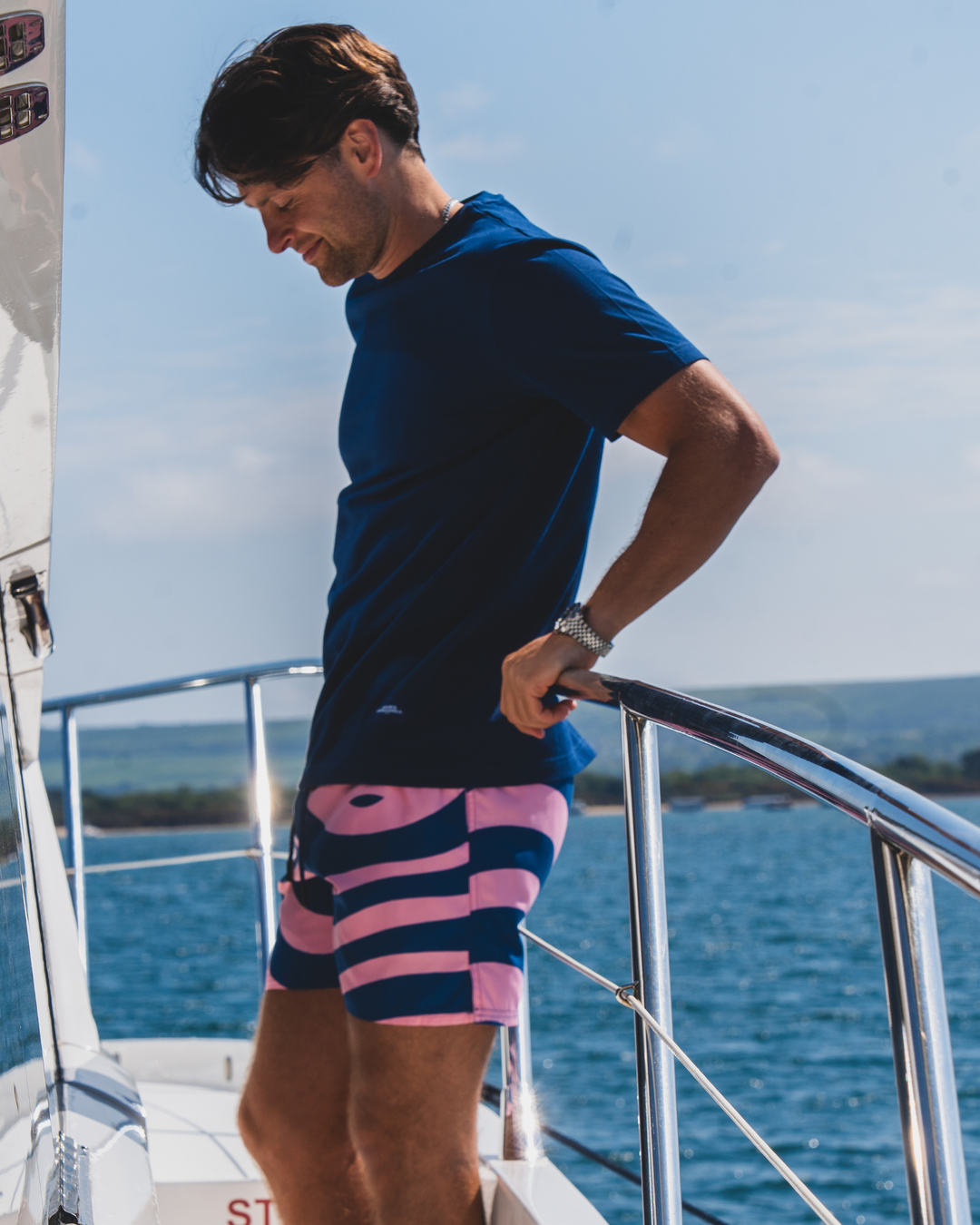 Pastel Pink Waves Mid-Length Swim Shorts