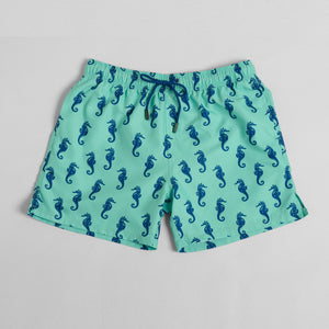 Dark Azure Seahorse Mid-Length Swim Shorts