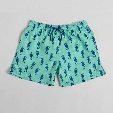 Dark Azure Seahorse Mid-Length Swim Shorts